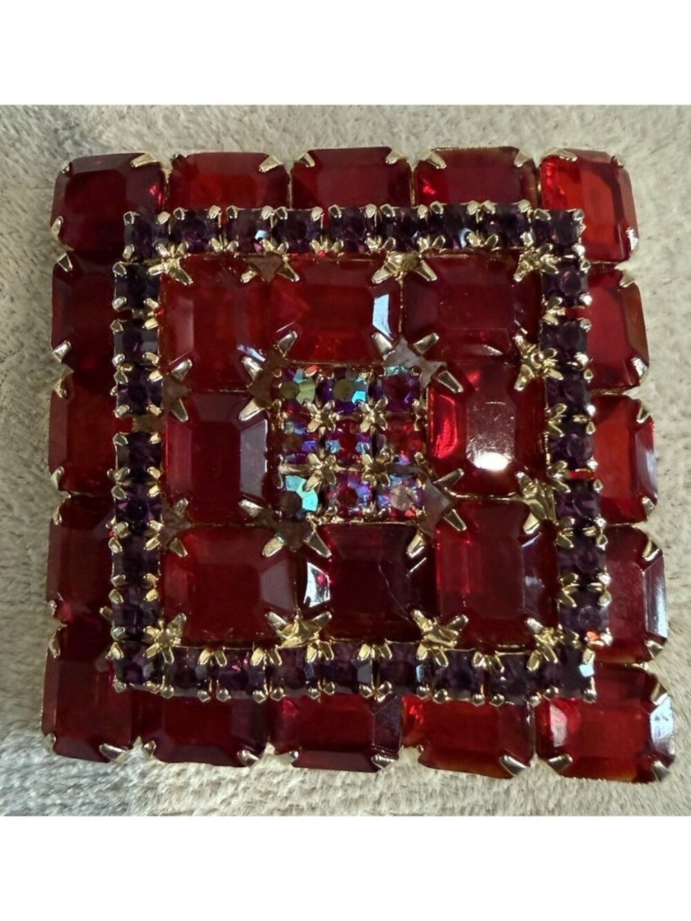 Vintage Ruby Red Emerald Art Glass Cut Stones & Rhinestone Deco Brooch 2”
